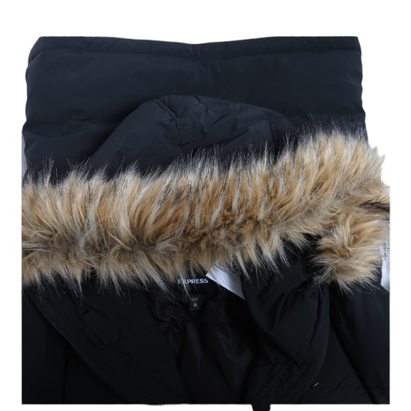 Express Black Goose Down Filled Faux Fur Trimmed Hood Winter Parker Coat XS - Picture 5 of 6